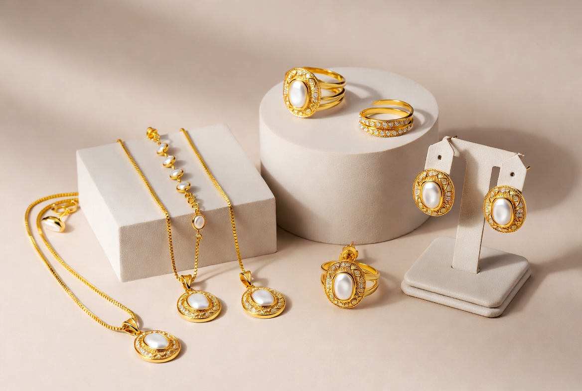 minimal gold jewelry collection with rings necklaces and earrings neatly arranged