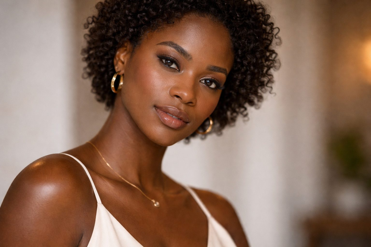 Black woman with glowing skin natural makeup close up confident expression soft lighting editorial beauty portrait