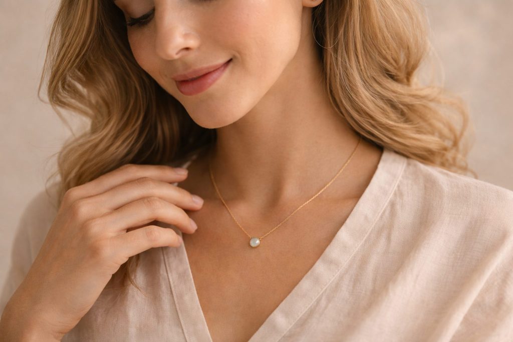 woman wearing delicate gold birthstone necklace that feels personal and meaningful