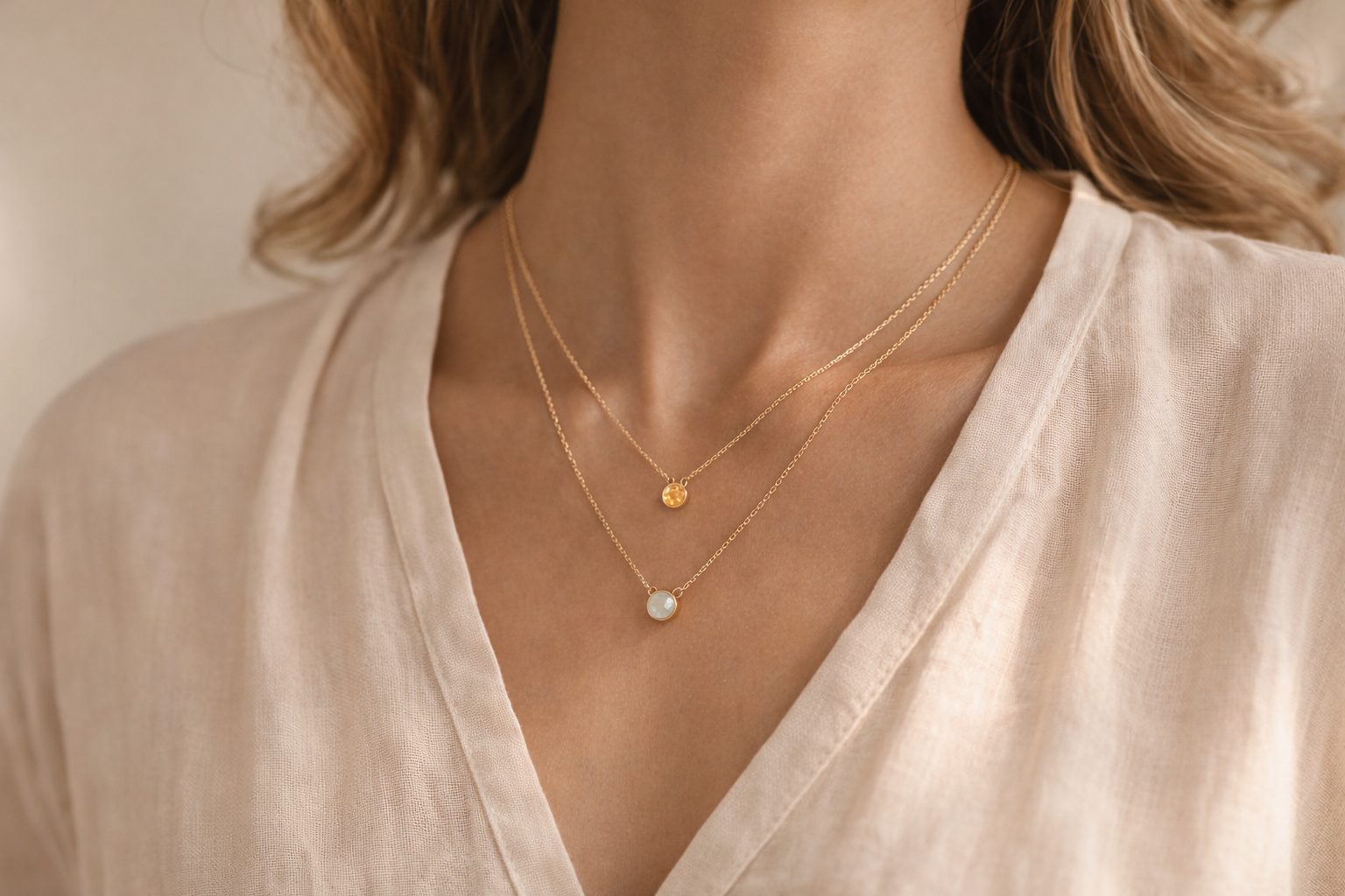 woman layering gold necklaces with a birthstone pendant and neutral blouse