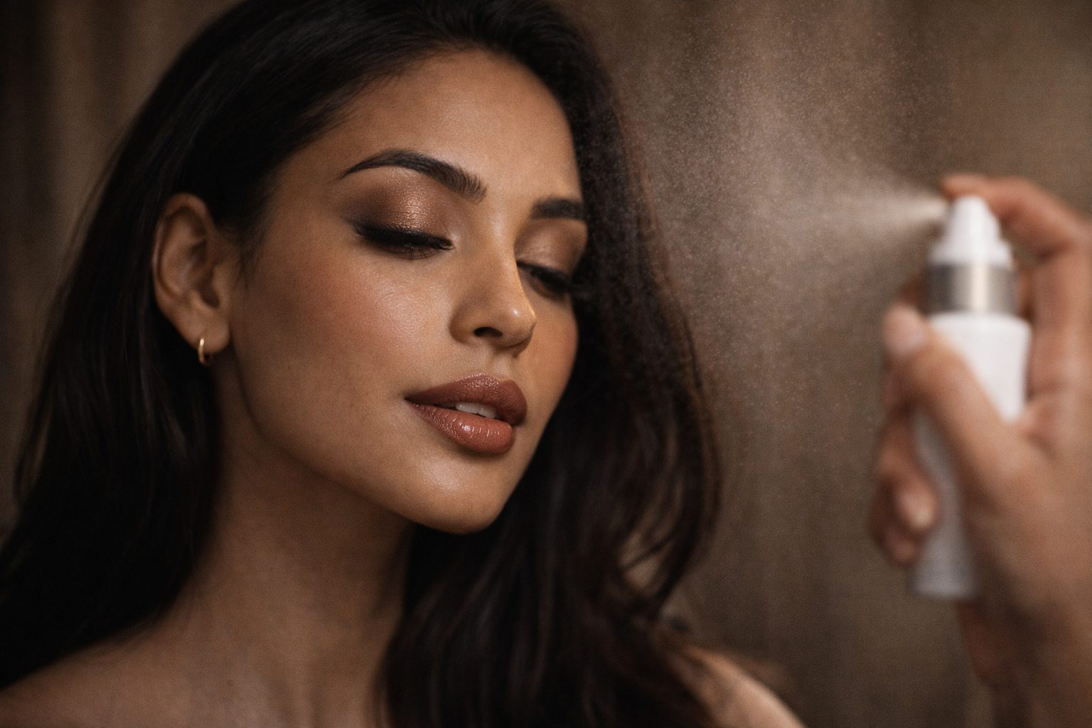 South Asian woman applying setting spray with finished evening makeup close-up glowing skin beauty longevity image
