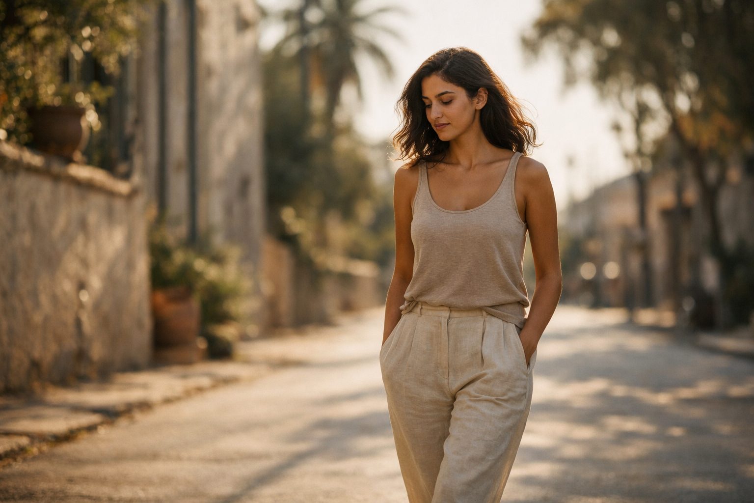 confident woman walking alone in sunlight minimal outfit natural posture relaxed self assured energy editorial lifestyle moment