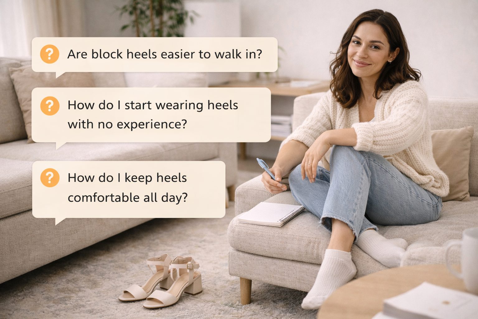 woman sitting relaxed with high heels nearby answering beginner heel questions casual lifestyle