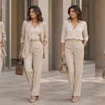 woman evolving through multiple refined outfit transformations from overstyled to polished neutral cohesive fashion editorial