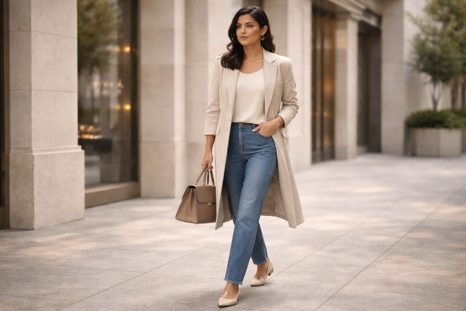 woman blending high and low fashion pieces seamlessly structured coat with simple denim and clean shoes editorial styling cohesive outfit