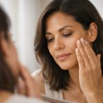 Woman in her early 40s with radiant natural skin applying lightweight foundation in soft daylight, showcasing smooth texture and refined makeup for mature skin