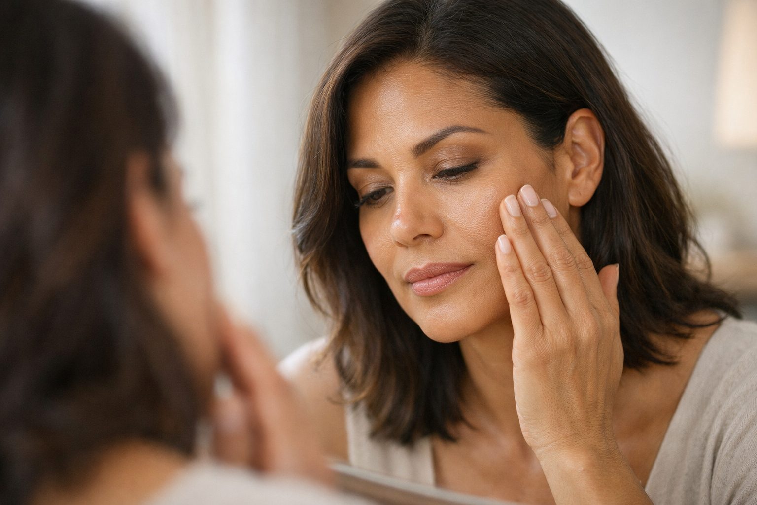 Woman in her early 40s with radiant natural skin applying lightweight foundation in soft daylight, showcasing smooth texture and refined makeup for mature skin