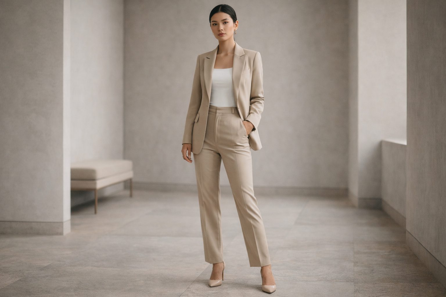 minimalist fashion women neutral outfit blazer tailored trousers clean aesthetic