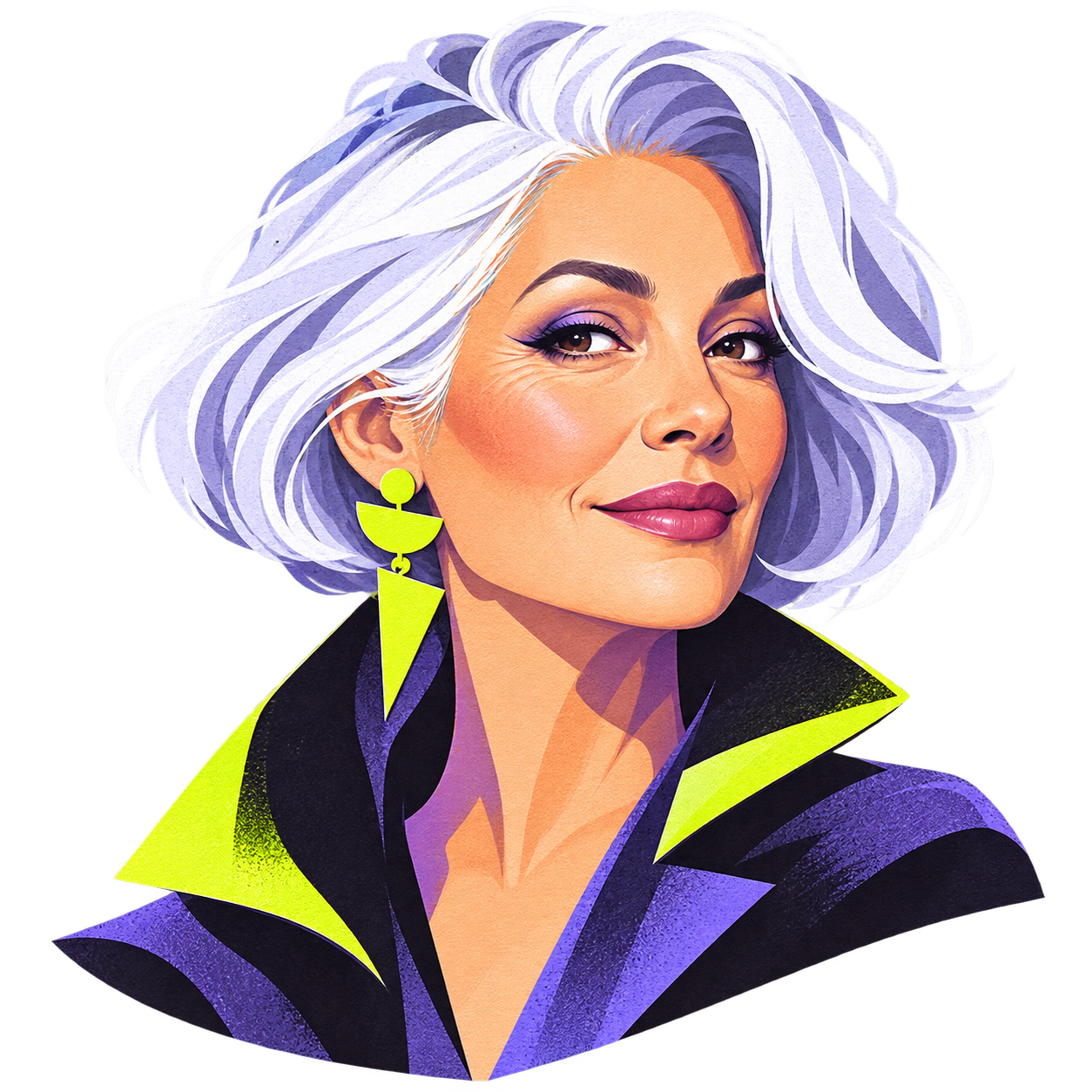 Illustrated portrait with a sculptural silver bob, violet eye makeup and geometric citron earrings.