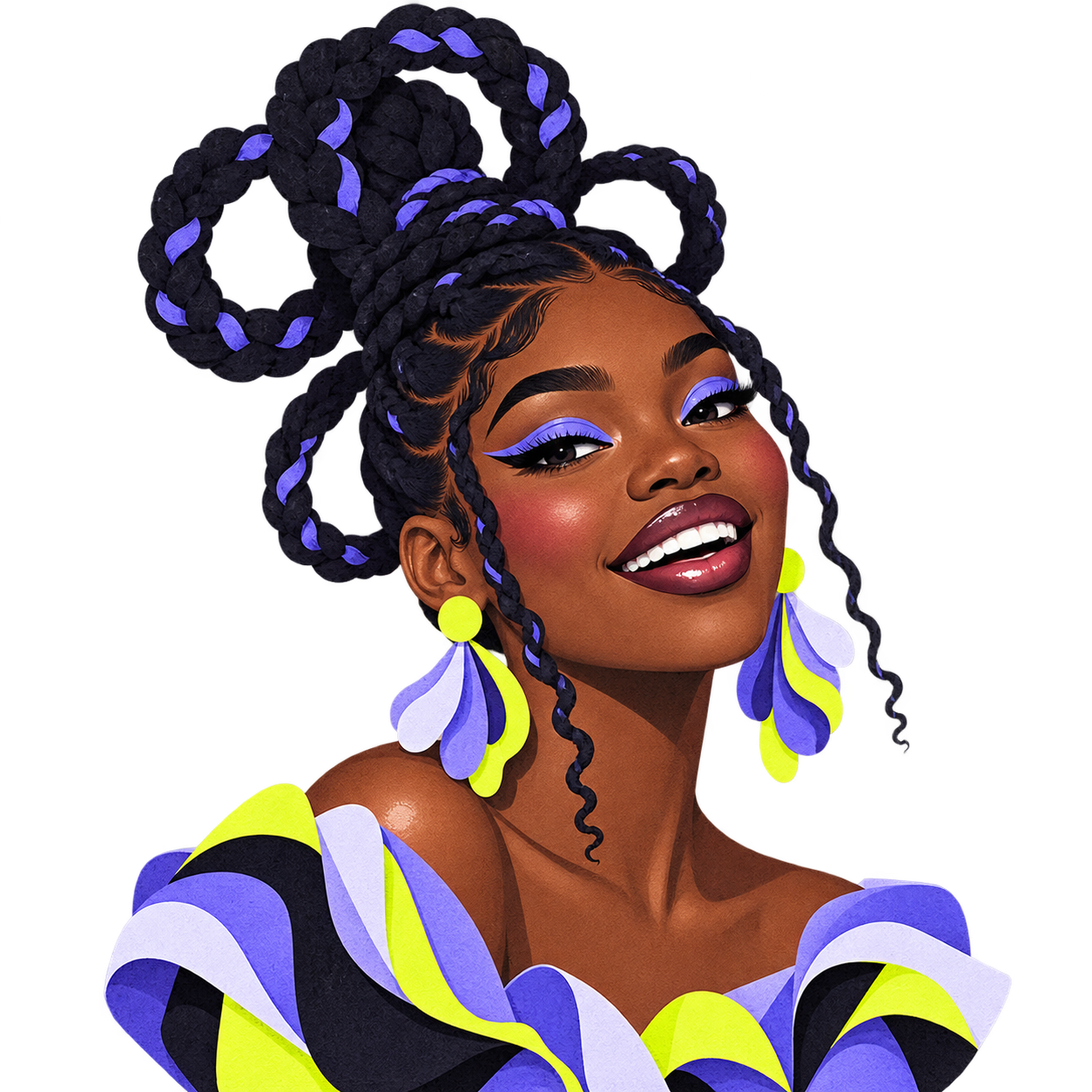 Illustrated portrait with looping dark braids, periwinkle eyeliner and layered citron-and-violet earrings.