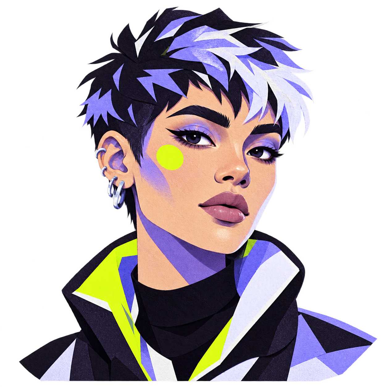Illustrated portrait with a short angular black-and-periwinkle haircut and a circular citron cheek accent.