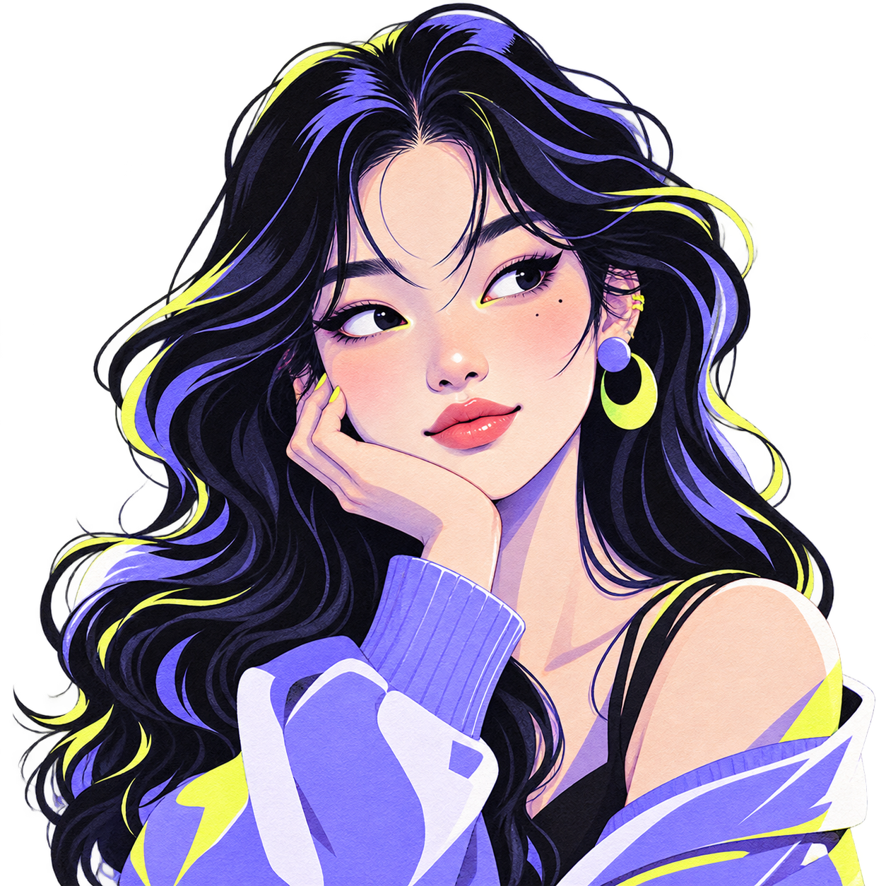 Illustrated portrait with long black waves, violet highlights and crescent-shaped earrings.