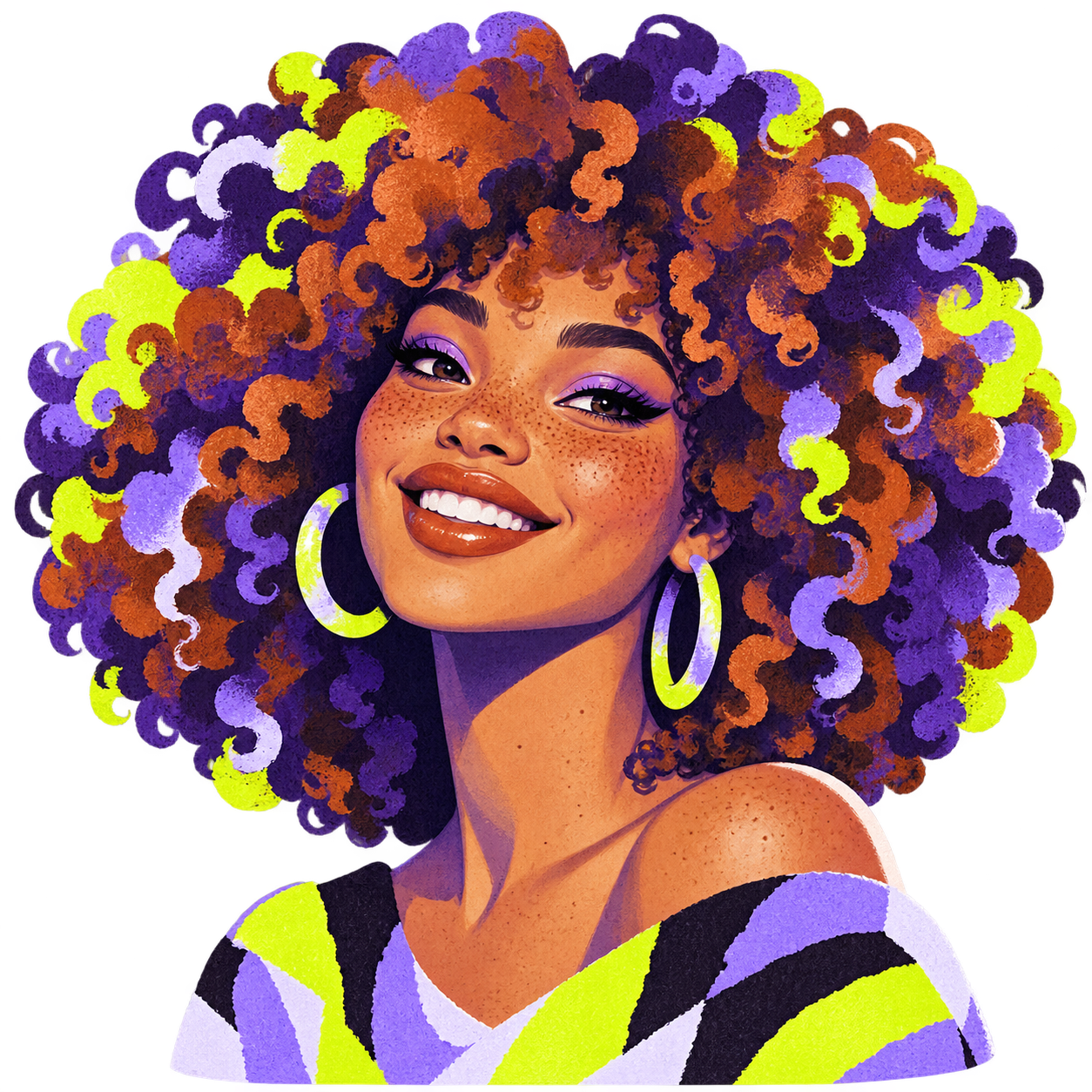 Illustrated portrait with a rounded copper-and-violet curl cloud, freckles and citron hoop earrings.