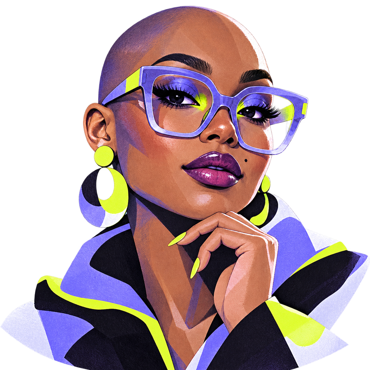 Illustrated portrait with a shaved head, oversized violet glasses and citron geometric jewelry.
