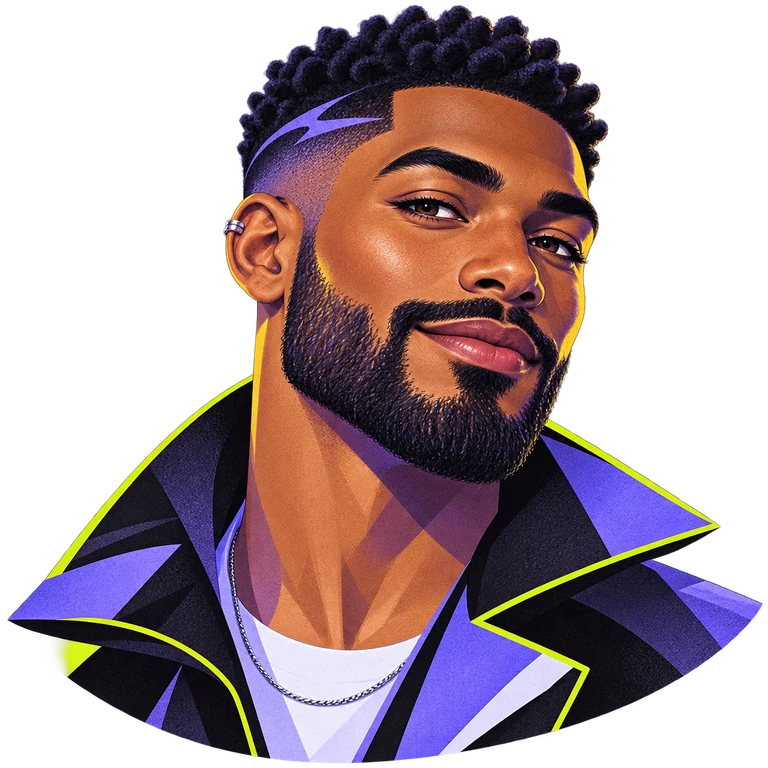 Illustrated portrait of a bearded Black man with a sculptural natural haircut, silver ear cuff and violet jacket edged in citron.