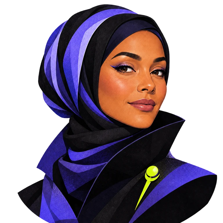 Illustrated portrait of a Muslim woman in an architectural black-and-violet hijab with a citron pin and structured collar.