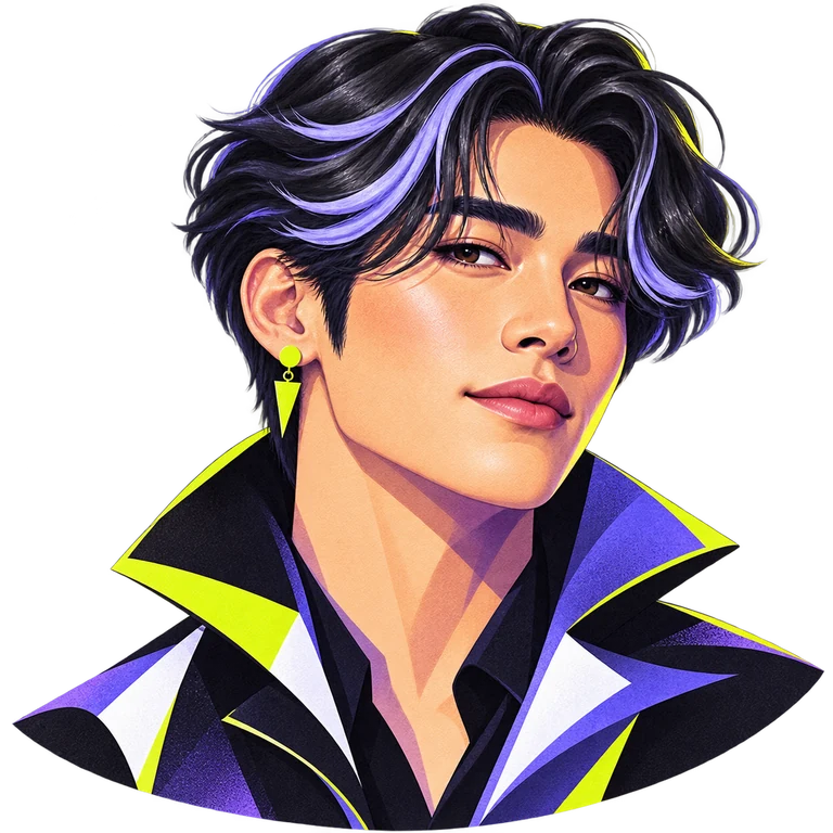 Illustrated portrait of an East Asian man with swept black hair, periwinkle streaks and a geometric citron earring.