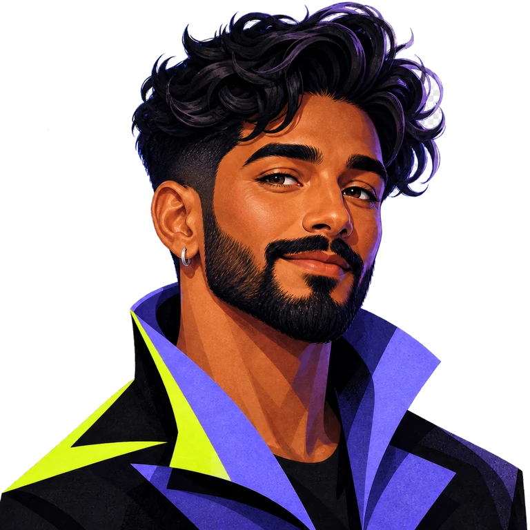 Illustrated portrait of a bearded South Asian man with voluminous dark curls, a silver hoop and a violet-and-citron collar.