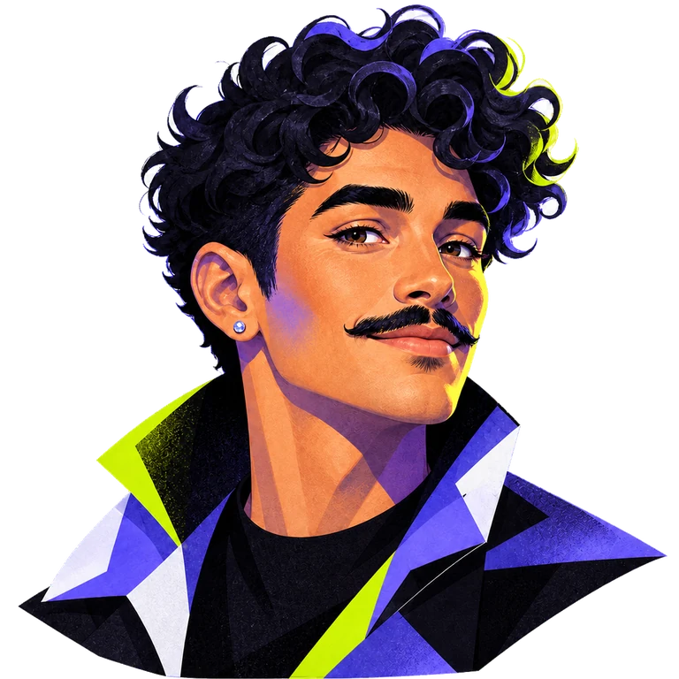 Illustrated portrait of a Latino man with dark curls, a precise mustache and a sharply paneled violet jacket.