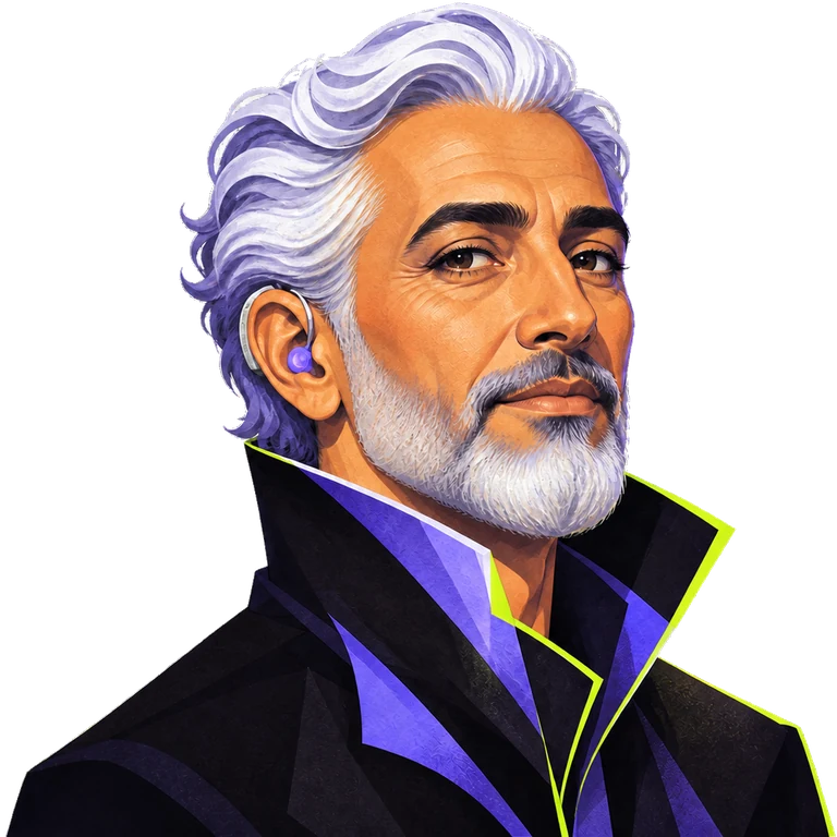 Illustrated portrait of an older Middle Eastern man with swept silver hair, a close gray beard and a violet hearing aid.