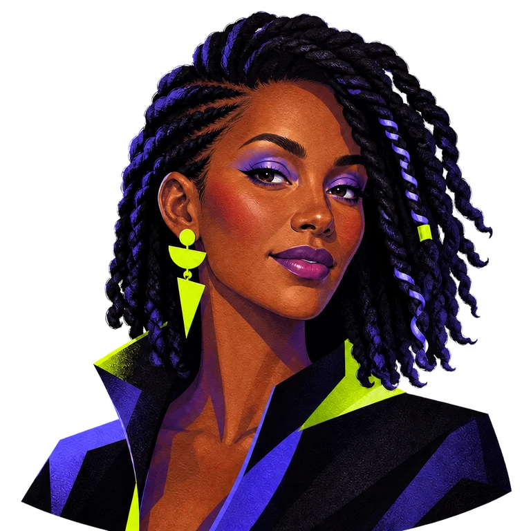 Illustrated portrait of a Black woman with asymmetric twists, violet eye makeup and geometric citron earrings.