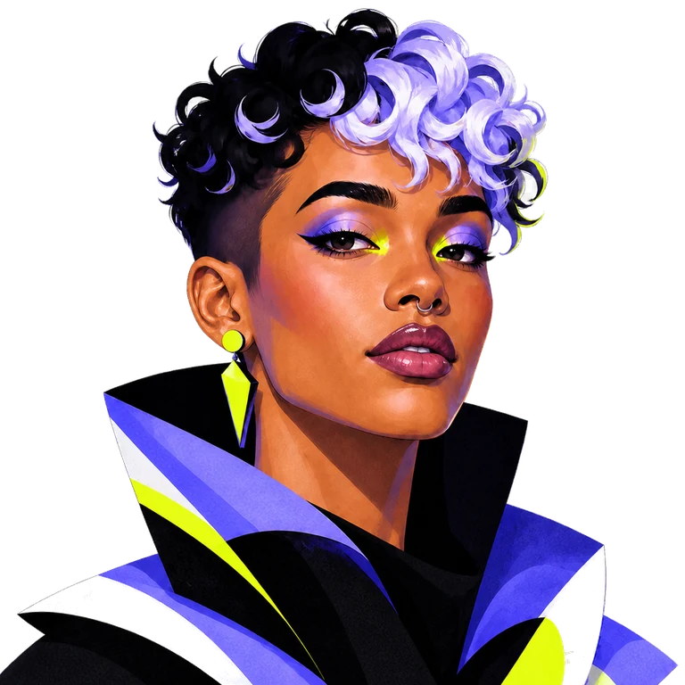 Illustrated portrait with short split black-and-periwinkle curls, a silver septum ring and a sculptural high collar.