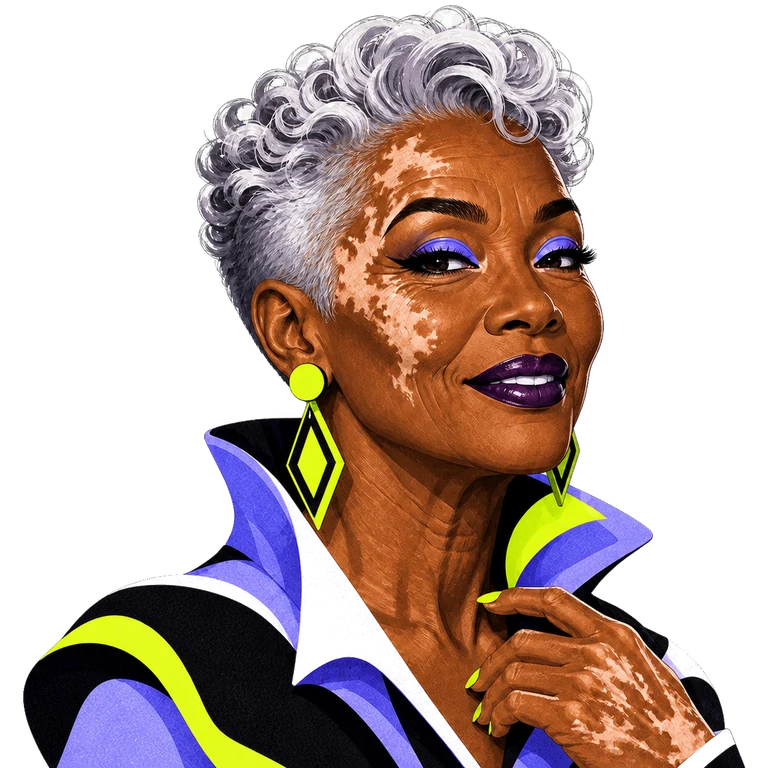 Illustrated portrait of an older Black woman with vitiligo, sculptural silver curls and citron diamond earrings.