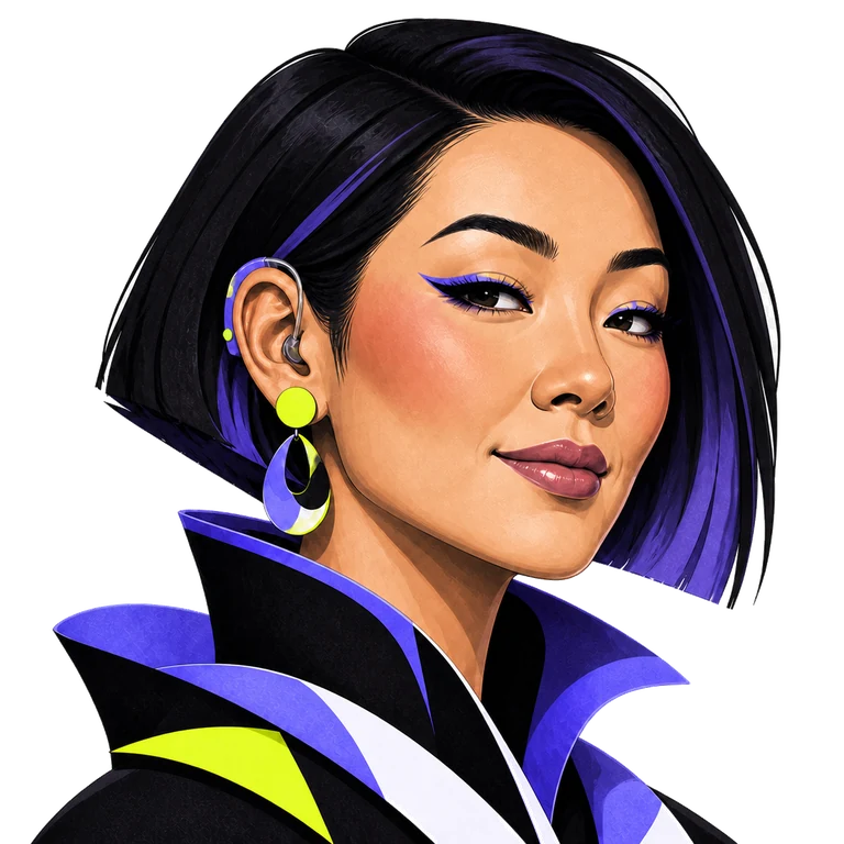 Illustrated portrait of an East Asian woman with a geometric black bob, violet underlayers and a modern hearing aid.