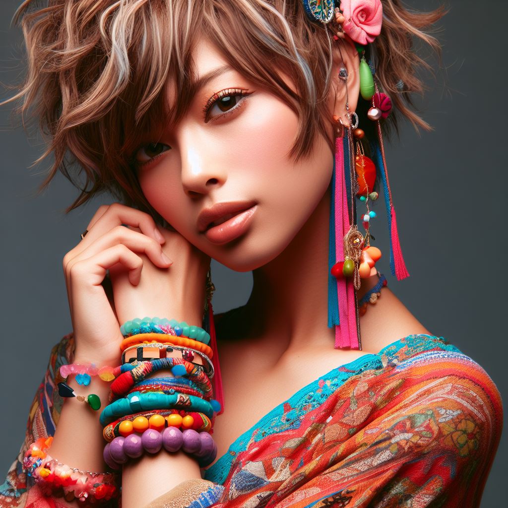 A woman with a mixie cut and colorful accessories