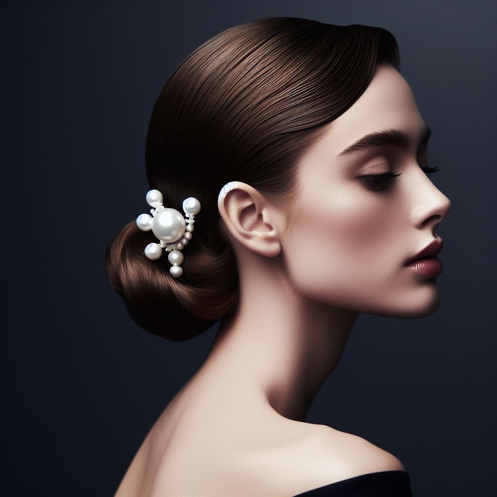 A woman with a slicked-back bun and a pearl clip